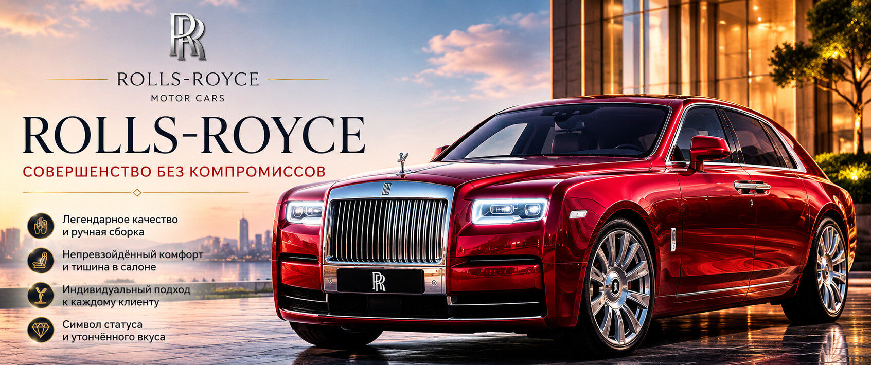 Роскошный автомобиль Rolls-Royce на закате

